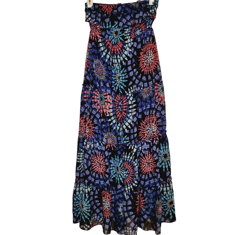 Theme blue mosaic print strapless maxi dress Size Med Artsy Boho Retro Feminine